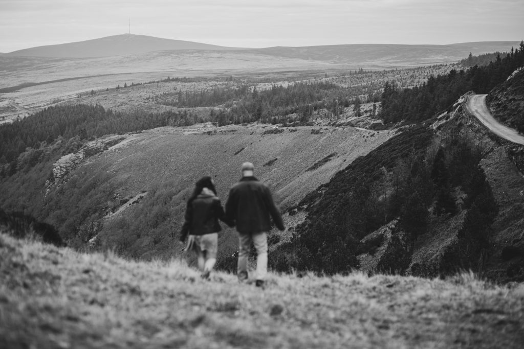 Marli + Andre wicklow mountains engagement shoot black and white out of focus
