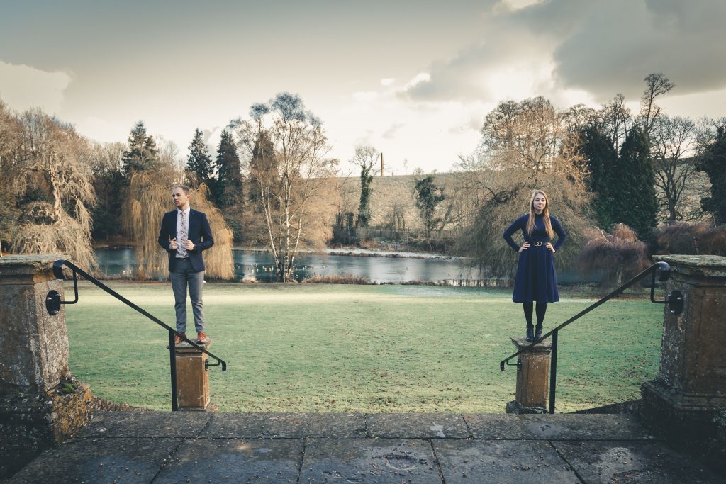 Luke and Kate standing on pillars at the Wroxton Abbey in Banbury