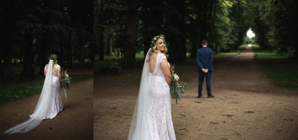 Jack and Katie Antrim Castle gardens elopement excited bride for first look