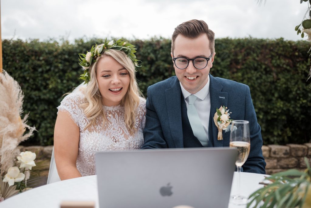 Jack and Katie Antrim Elopement covid zoom wedding photography talking to wedding guests on zoom